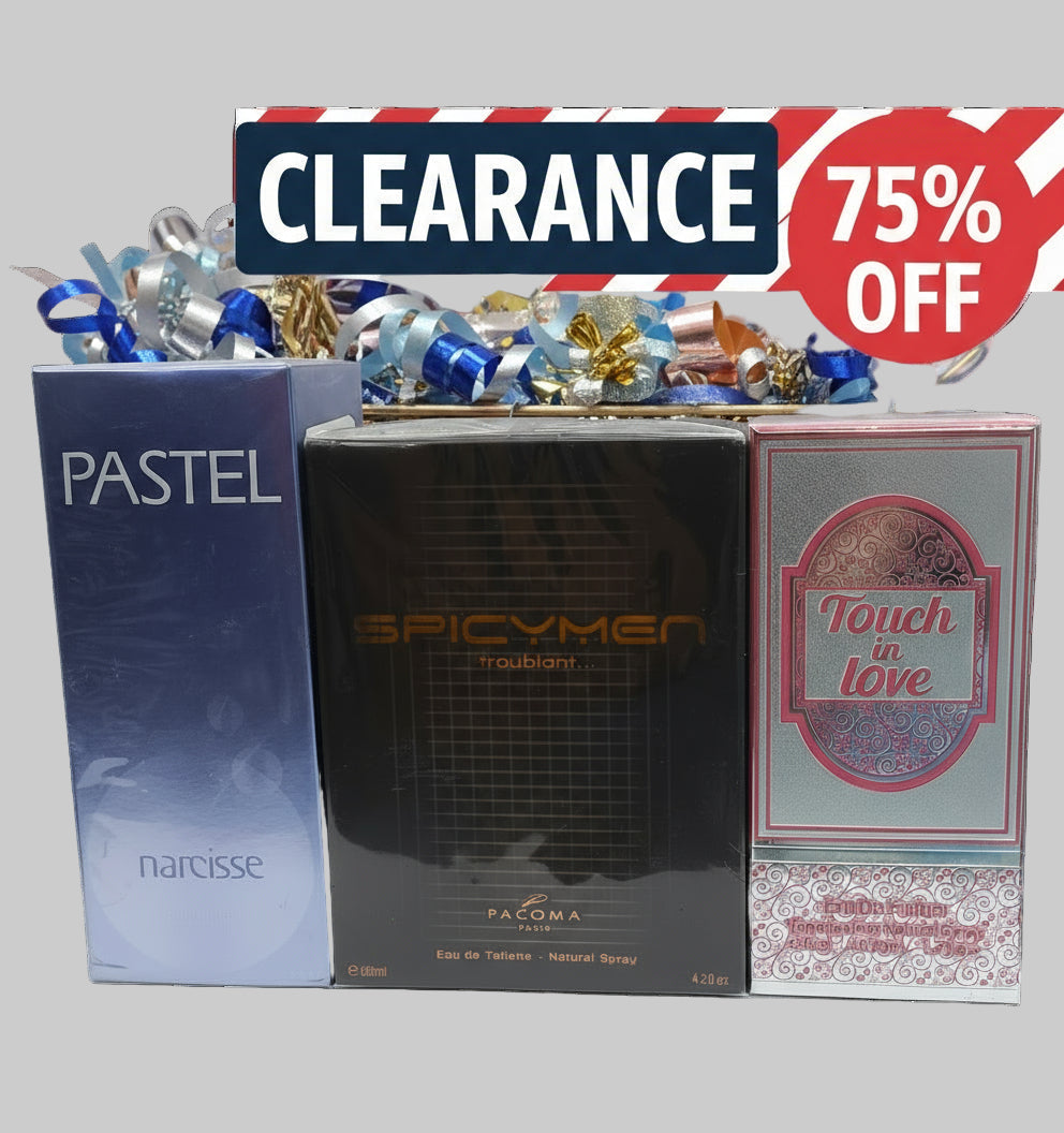 Three perfume boxes labeled 'Pastel', 'Spicy Men', and 'Touch in Love'