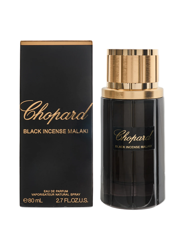 Chopard Black Incense Malaki perfume bottle and packaging on a white background